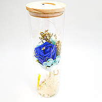 Роза в стеклянной колбе UKC с LED подсветкой подарочная экспозиция в коробке 26 см синяя