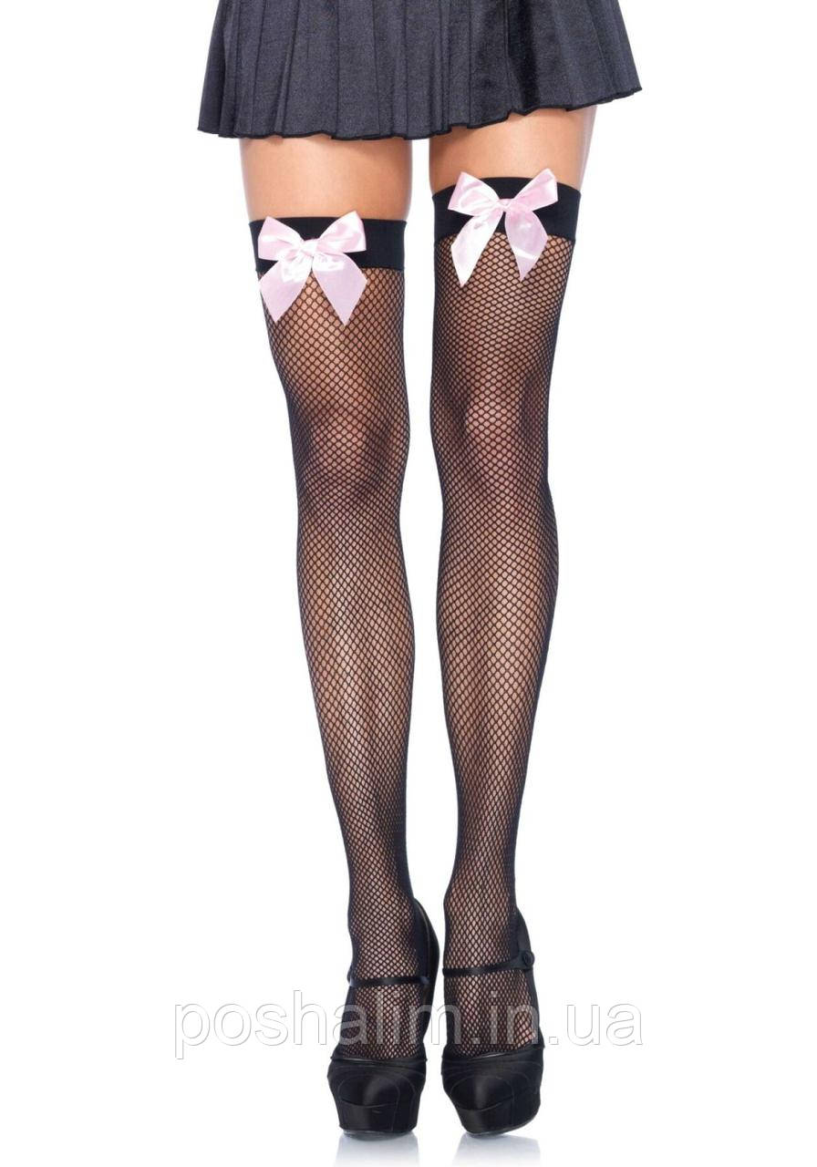 Панчохи чорні Leg Avenue Fishnet Thigh Highs With Bow OS Black & Pink, фото 1