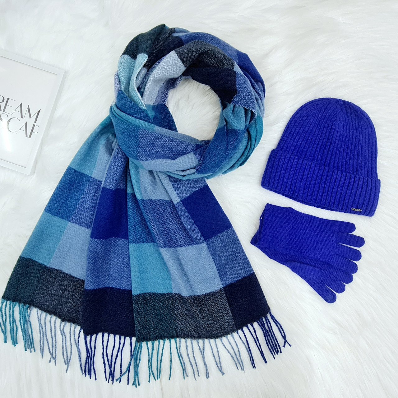 Комплект жіночий зимовий ангора з вовною на флісі  (шапка+шарф+рукавички) ODYSSEY 56-58 см синій 12803 - 8045 - 4092, фото 1