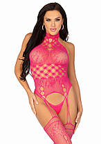 Мереживний бодистокінг з відкритим доступом Leg Avenue High neck lace bodystocking One size Raspberry, фото 5