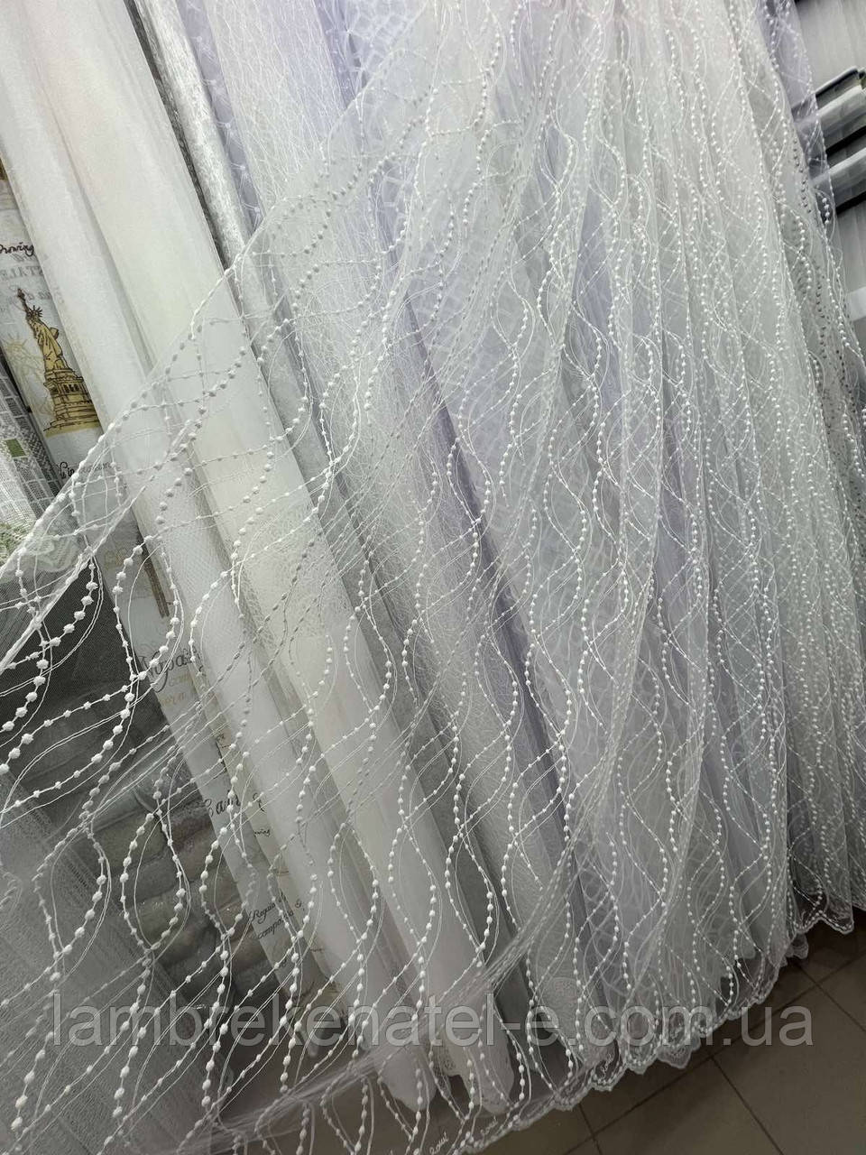 Тюль білий фатин із вишивкою перлинки, фото 1
