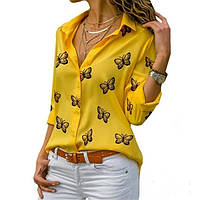 Блузка, рубашка женская желтая, бабочки,до 56р