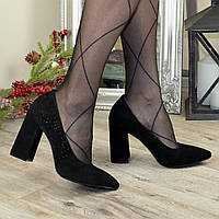 Туфли женские замшевые на устойчивом каблуке, цвет черный