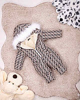 Зимний коричневый комбинезон с мехом на капюшоне и принтом для детей 80-104 р