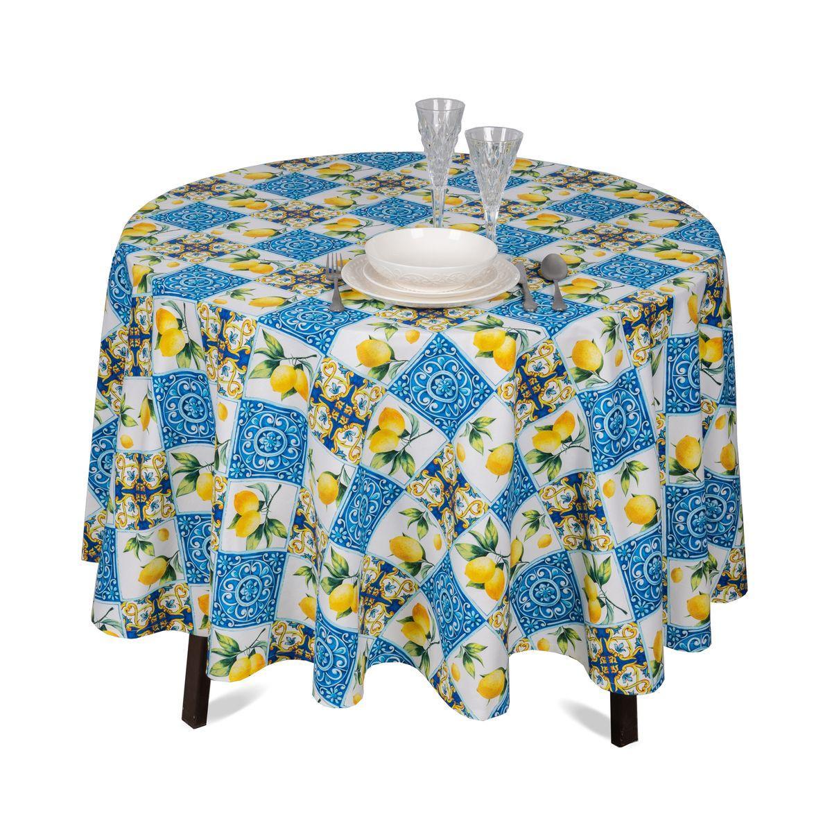 Скатертина бавовняна круглої форми з тефлоновим просоченням "Орнамент з лимонами" Villa Grazia Premium Ø180 см, фото 1