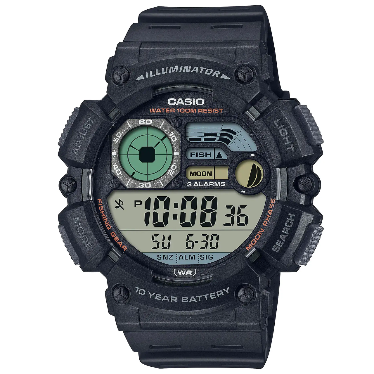 Водонепроникний годинник для риболовлі з підсвічуванням Casio оригінал WS-1500, чоловічий наручний годинник з фазами місяця
