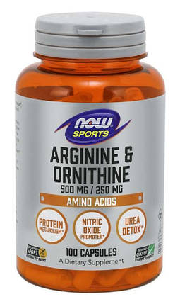 Аргінін та орнітин NOW Foods Arginine & Ornithine 500 mg/250 mg 100 Veg Caps, фото 1