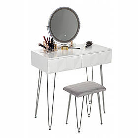 Біло-срібний туалетний столик з 2 шухлядами і дзеркалом зі світлодіодним підсвічуванням