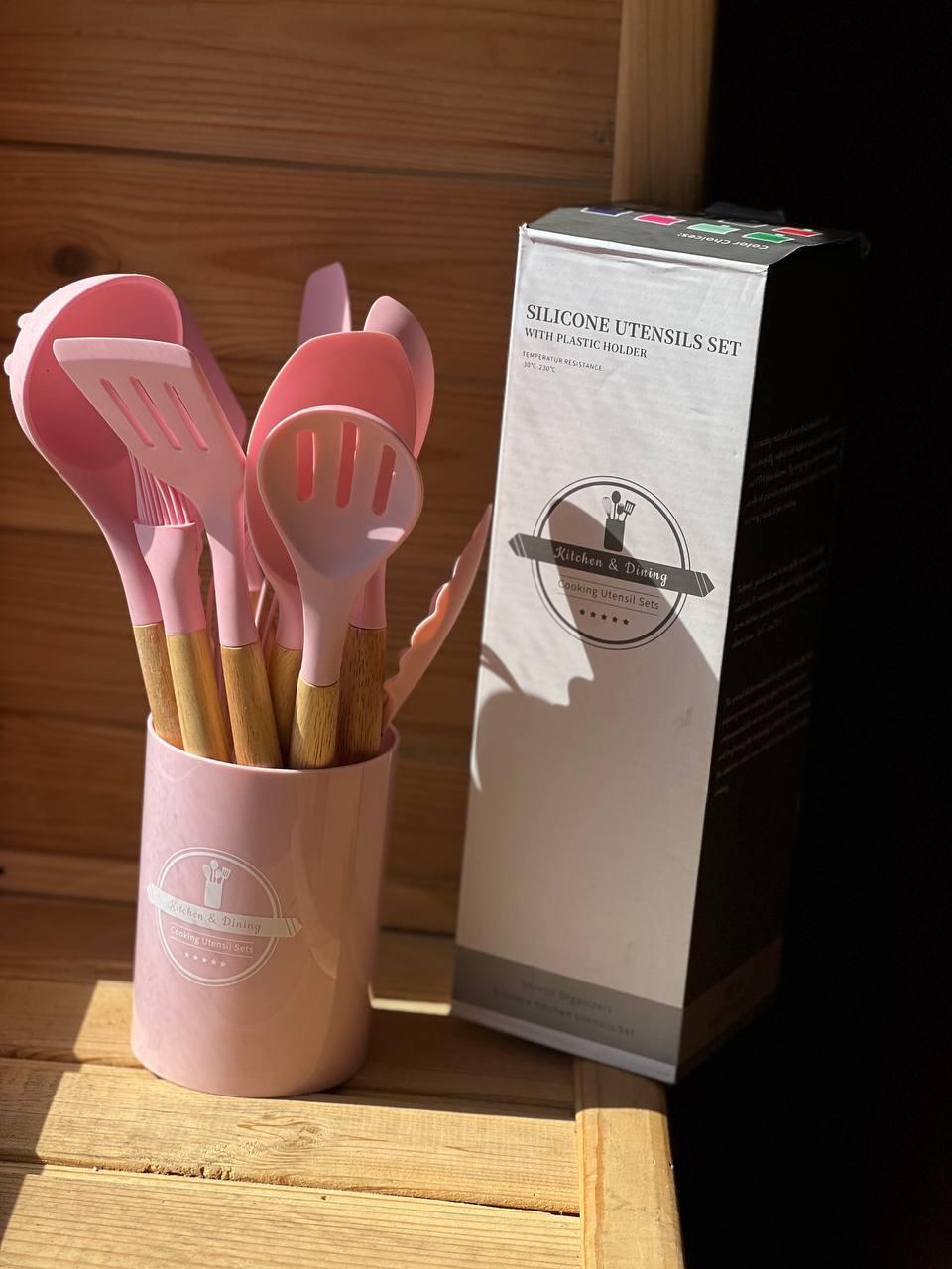 Силиконовые кухонные принадлежности набор 12 предметов розового цвета - фото 4 - id-p1966257095