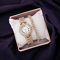 Годинник з браслетом жіночі з камінням прикраса біжутерія під золото в коробці