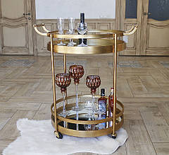 Круглий столик для сервіровки двоярусний на коліщатках метал золото полиці з дзеркальним покриттям