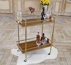 Сервірувальний прямокутний столик у два яруси на коліщатках метал бронза полички скло
