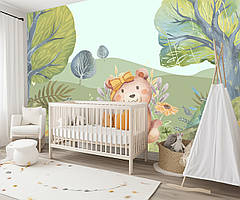 Ніжні акварельні вінілові шпалери для дитячої кімнати дівчинки Ведмедик