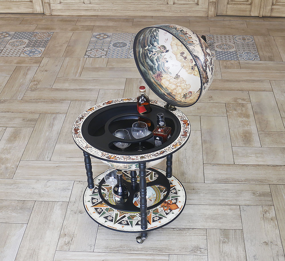 Підлоговий глобус-бар двоярусний на коліщатках "Карта світу" дерев'яний зі сферою Ø450 мм, фото 1