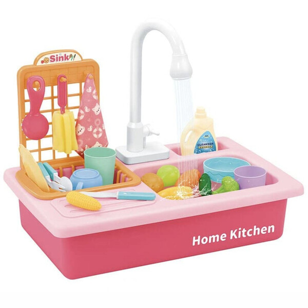 Дитяча раковина мийка з водою набором посуду та продуктами 20 предметів Рожевий (60231), фото 1