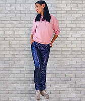 Стильные комбинированные утепленные женские брюки на флисе стеганые с карманами и эластичной резинкой на талии