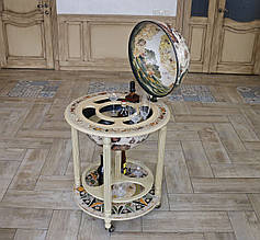 Підлоговий глобус-бар двоярусний на коліщатках дерево слонова кістка сфера Ø 450 мм