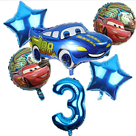 Набір фольгованих кульок Тачки з синьою цифрою 3 комплект 6 шт