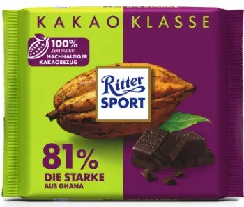Шоколад Чорний Ritter Sport Dark 81% Kakao Klasse Strong Ріттер Спорт 100 г Німеччина