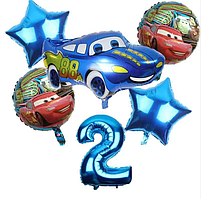 Набір фольгованих кульок Тачки з синьою цифрою 2 комплект 6 шт