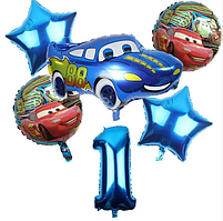 Набір фольгованих кульок Тачки з синьою цифрою 1 комплект 6 шт