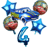 Набір фольгованих кульок Тачки з синьою цифрою 4 комплект 6 шт