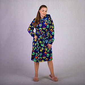 Жіночий махровий короткий халат "Лапки-синій" р.42
