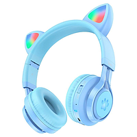 Беспроводные наушники с микрофоном Hoco W39 |bluetooth 5.3, AUX, 10H, RGB подсветка| кошачьи ушки Blue