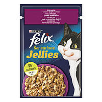 Влажный корм FELIX (Феликс) Sensations Jellies для взрослых кошек, кусочки в желе с уткой и шпинатом 85 г