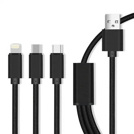 Універсальний кабель USB-кабель 3 в 1 TYPE-C/MICRO-USB/C-LIGHTNING 2.1A/ 1.2 м/ чорного кольору., фото 1