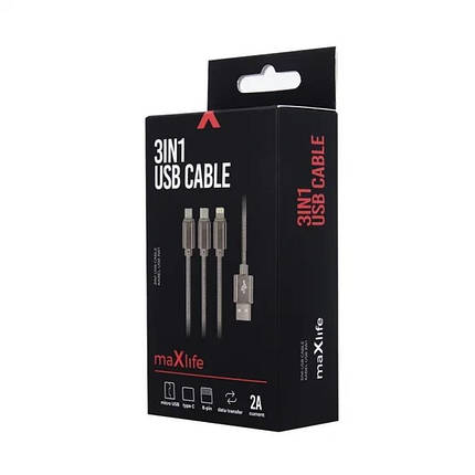 Універсальний кабель USB-кабель 3 в 1 TYPE-C/MICRO-USB/C-LIGHTNING 2.1A/ 1.2 м/ чорного кольору., фото 3