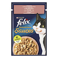 Влажный корм FELIX (Феликс) Sensations Sauces для кошек, кусочки с лососем в соусе со вкусом креветок 85 г