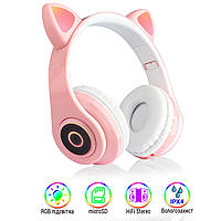 Повнорозмірні бездротові блютуз дитячі навушники з котячими вушками котика Y47 світяться LED рожеві