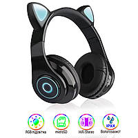 Повнорозмірні бездротові блютуз дитячі навушники з котячими вушками Cat Headset Y047 з підсвічуванням чорні