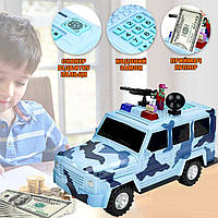 Детская копилка машинка с кодовым замком и отпечатком пальца Piggy Bank Игрушка военный джип Голубой BMP