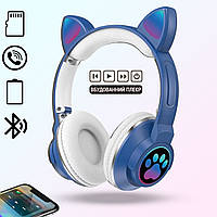 Детские беспроводные наушники кошачьи ушки CATear ME1-CE Bluetooth с LED подсветкой и MicroSD до 32Гб Синие