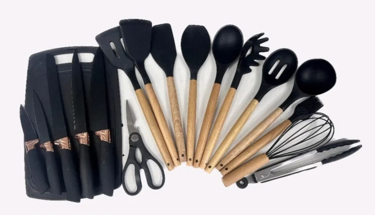 Кухонний набір на стійці чорного кольору, найкращий комплект кухарських ножів, якісне столове приладдя