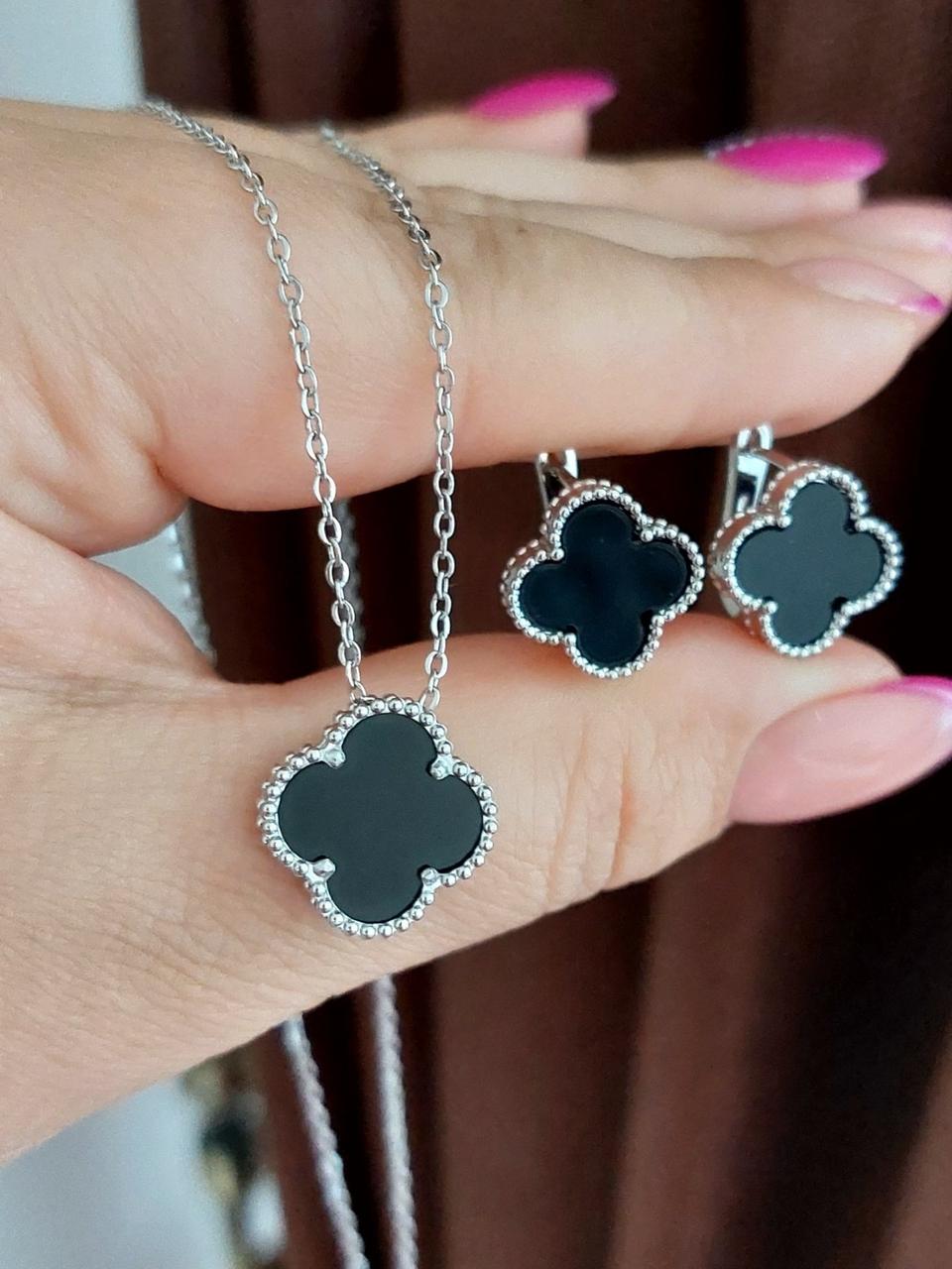 Набір Сережки Клевер і кольє конюшина біле медзолото (під срібло), фото 1