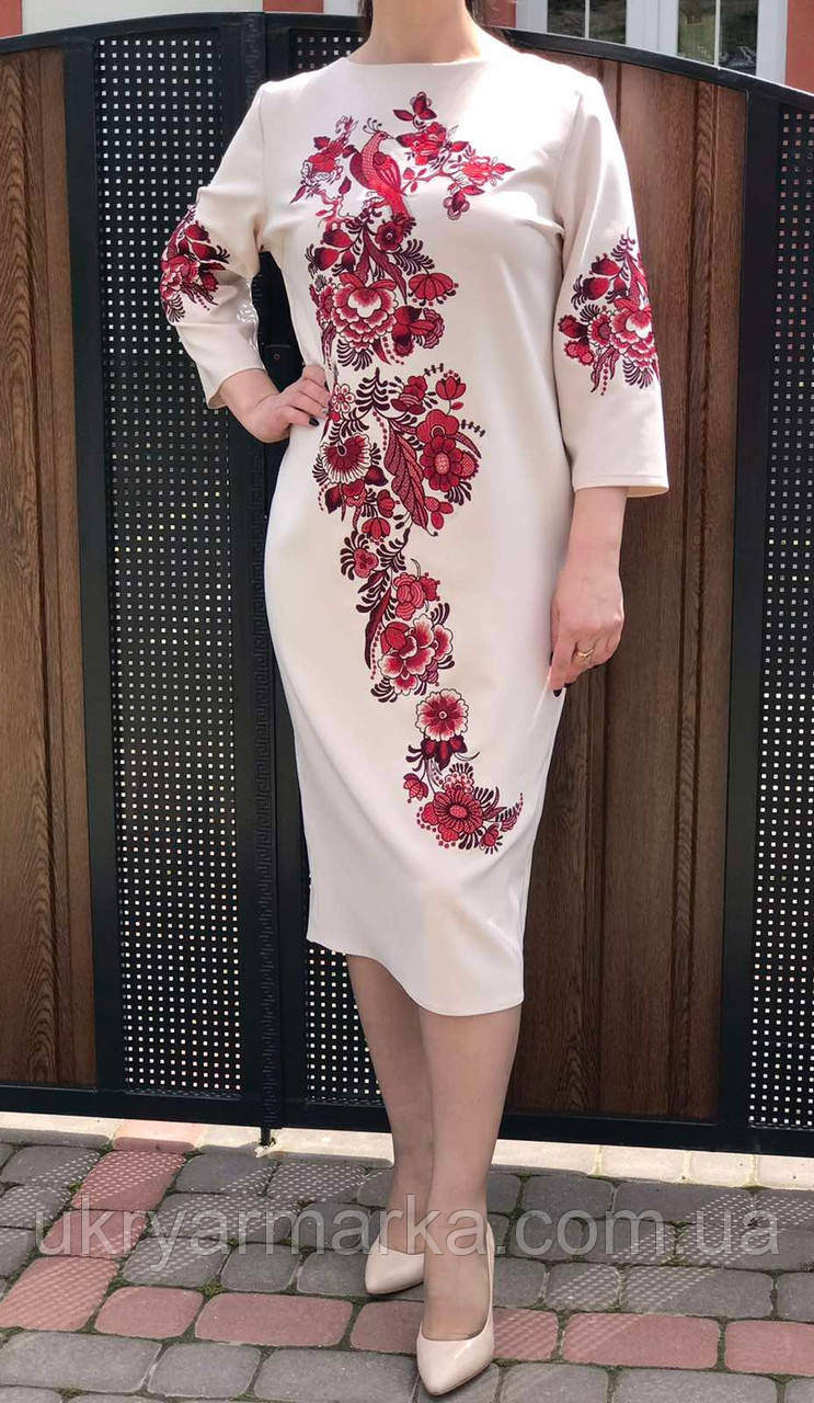 Сукня-вишиванка персикова з червоною вишивкою "Горислава"