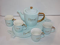 Сервіз порцеляновий чайний, з 6 предметів, на 4 персони, рожевий, стильний, на підносі Блакитний