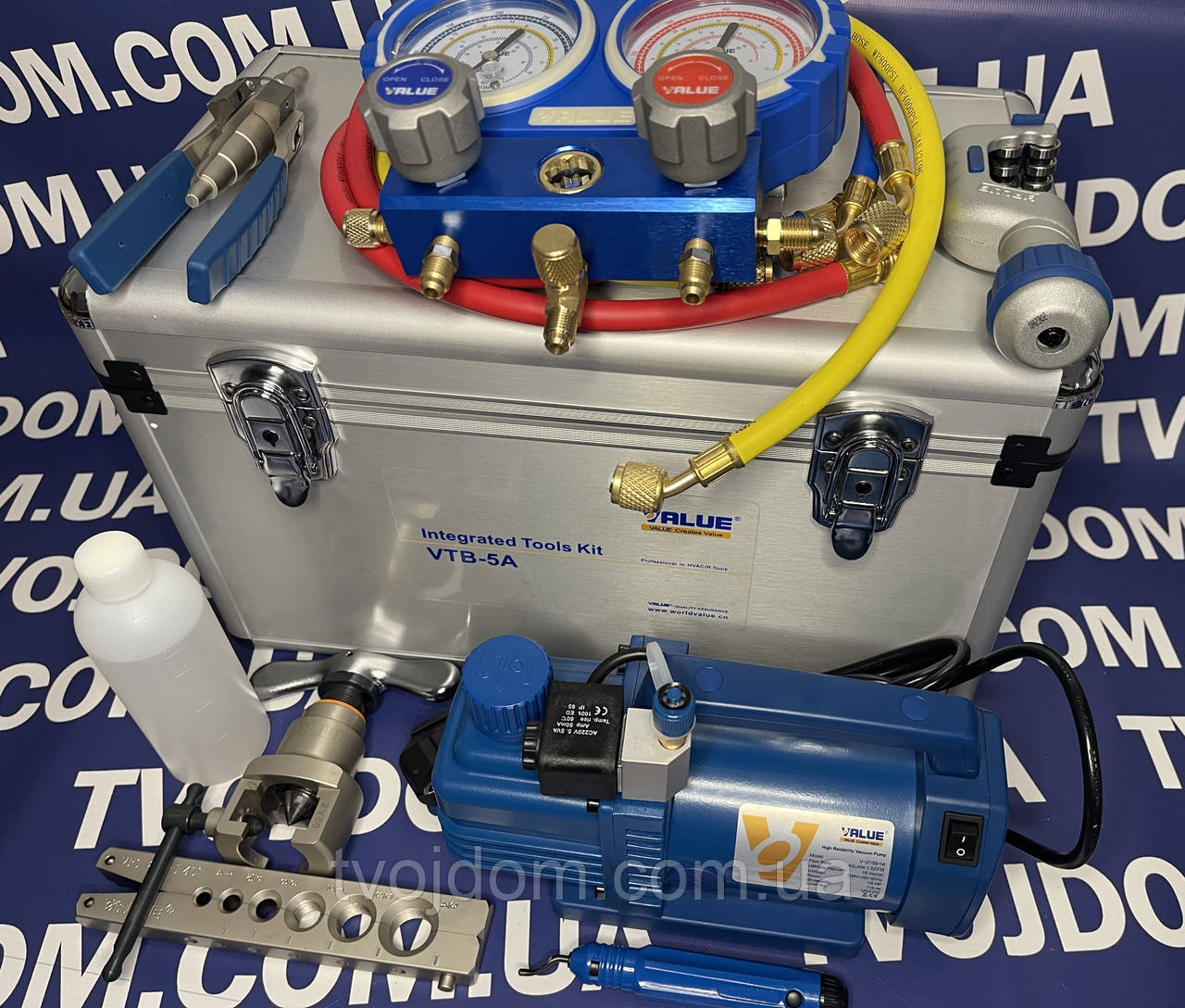 Набір VALUE VTB-5А (вакуумний насос VI 215 S-M,ріммер,труборіз 28B, вальцювання 808-I, колетор R410A,R407C,R22,R134A), фото 1