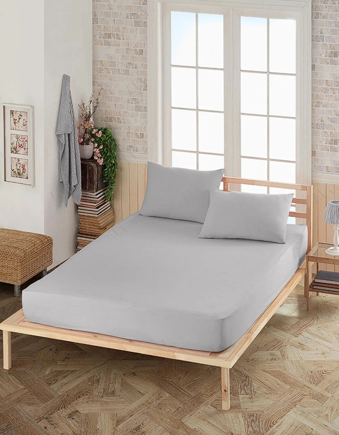 Натяжні простирадла Туреччина 180х200 з ранфорсу з наволочками, простирадло на гумці однотонна бавовняне Сірий, фото 1