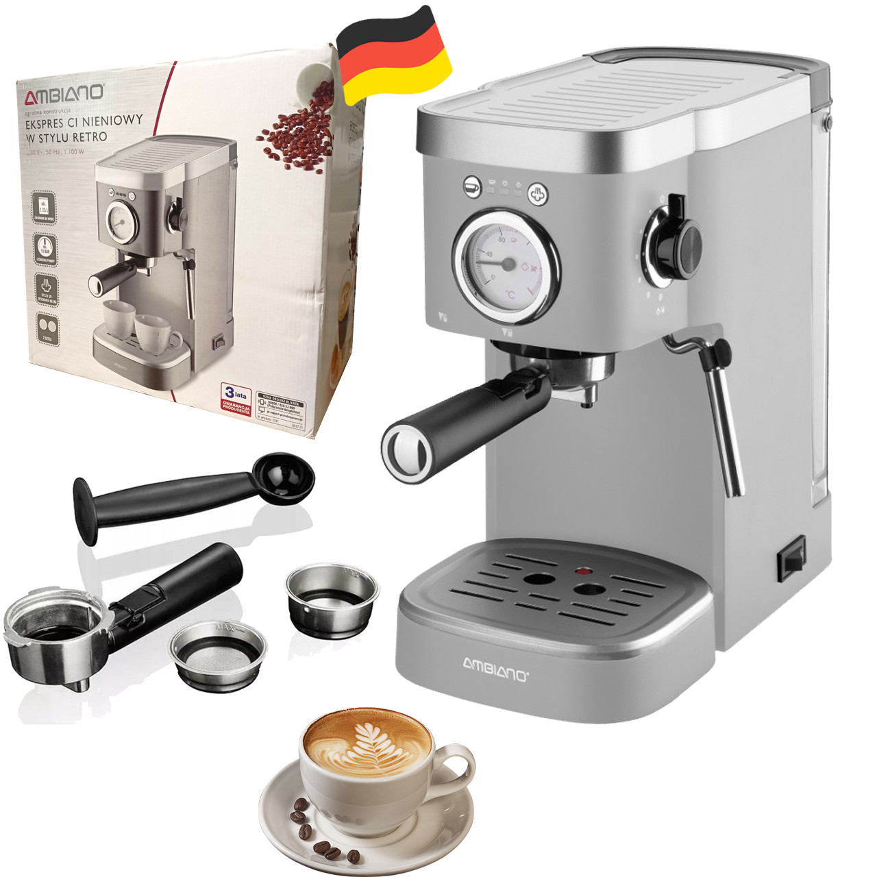 Ріжкова кавоварка еспресо Ambiano GT-EM-02 Silver (1100 Вт, 15 барів, капучинатор, Німеччина), фото 1