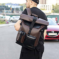 Мужской рюкзак ролл топ с отделением под ноутбук из экокожи коричневый rolltop большой городской