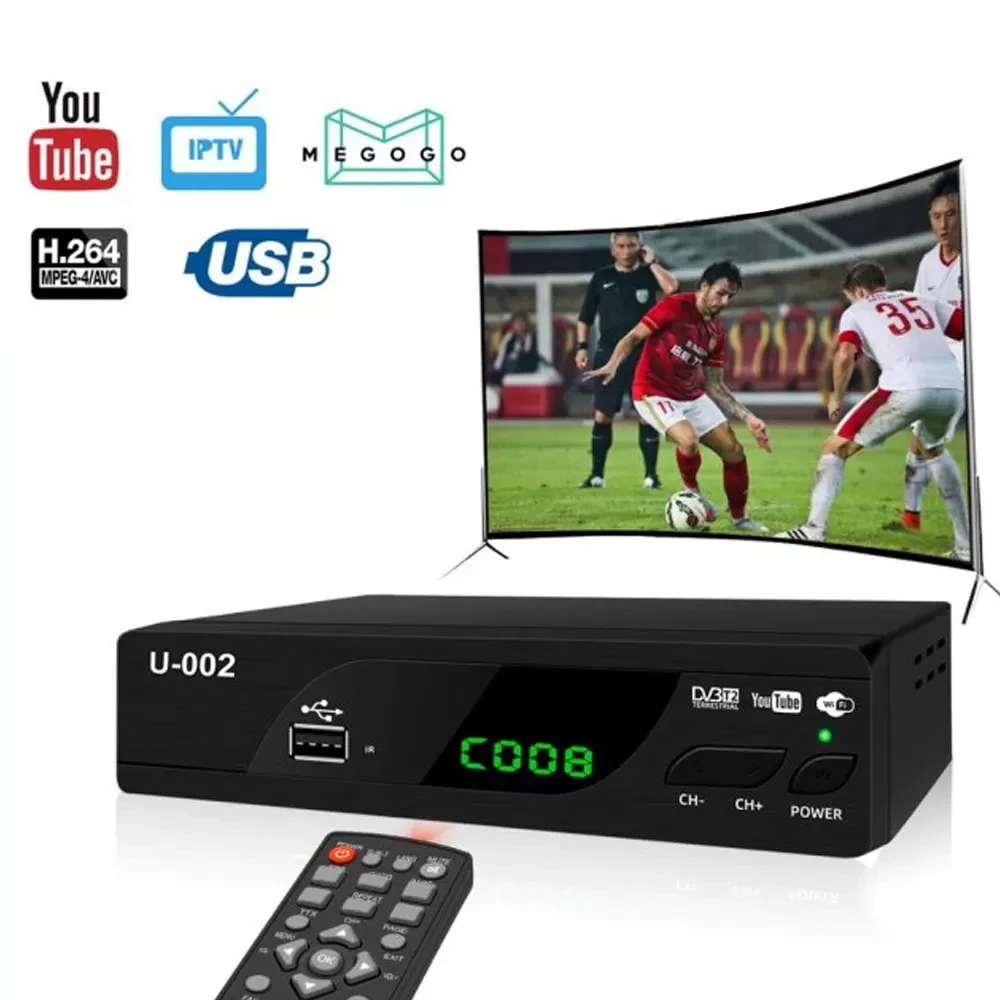 Тюнер DVB-T2 U-002 Full HD з підтримкою Wi-Fi адаптера / Цифровий ефірний тюнер c пультом / Ресивер для ТБ