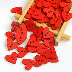 Гудзики дерев'яні Серця 15х15 мм, червоні (10 шт)