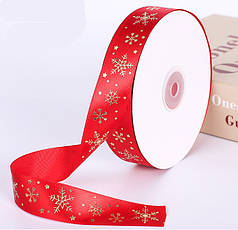 Атласна стрічка 2,5 см із золотим тисненням Сніжинки", червона