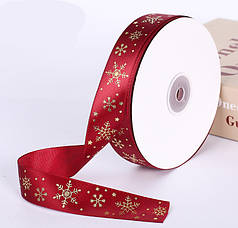 Стрічка атласна з новорічним малюнком, 25 мм, бордова