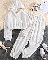 Махровая женская пижама двойка (худи + штаны) в расцветках и размерах 42/44, Молочный