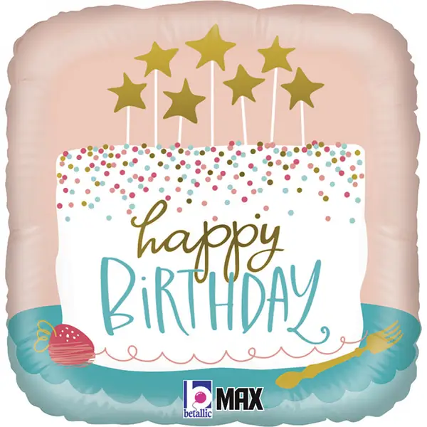 Фольгована кулька квадрат "Happy Birthday торт" кольорова Grabo 18"(45см) 1шт.